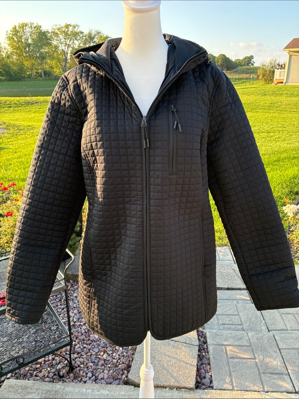 Lands' End Black Quilted Hooded Jacket - Women M